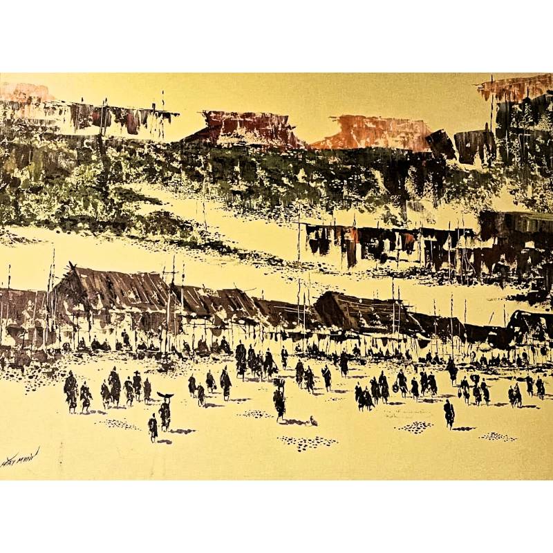 Morning Village Market with wooden frame - Ms16783