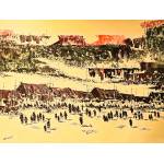 Morning Village Market with wooden frame - Ms16783