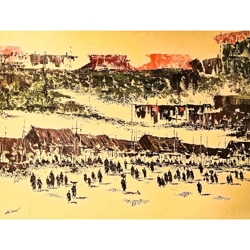 Morning Village Market with wooden frame - Ms16783