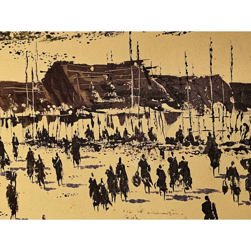 Morning Village Market with wooden frame - Ms16783