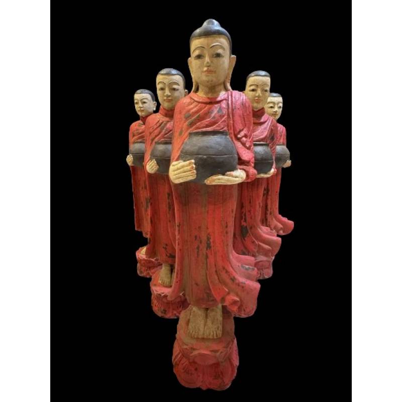 Teak wood set of Buddha with 5 Monks in red- Ms16932