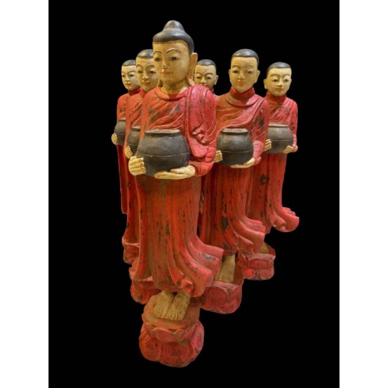 Teak wood set of Buddha with 5 Monks in red- Ms16932