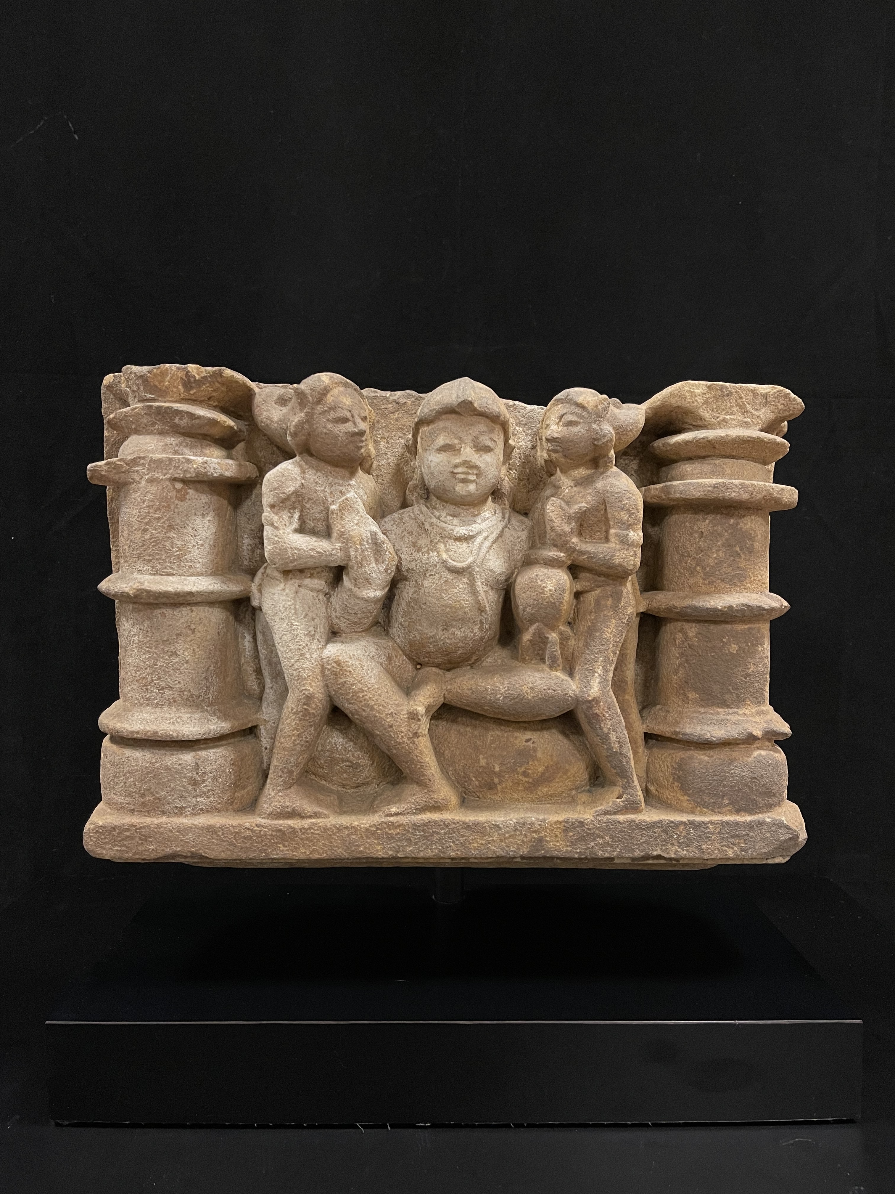 Sandstone frieze Lord Vishnu with consorts Lakshmi and Bhumi Devi- 4414