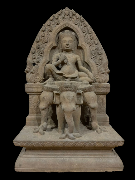 Sandstone stele squatting Lord Devraj Indra holding thunderbolts on elephants- 7280