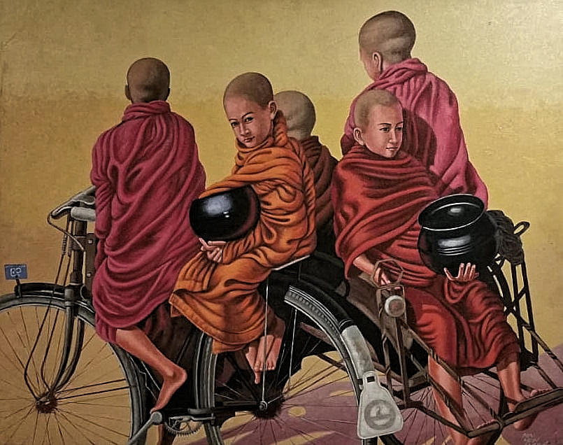 Little playful monks on trishaw- Ms16776